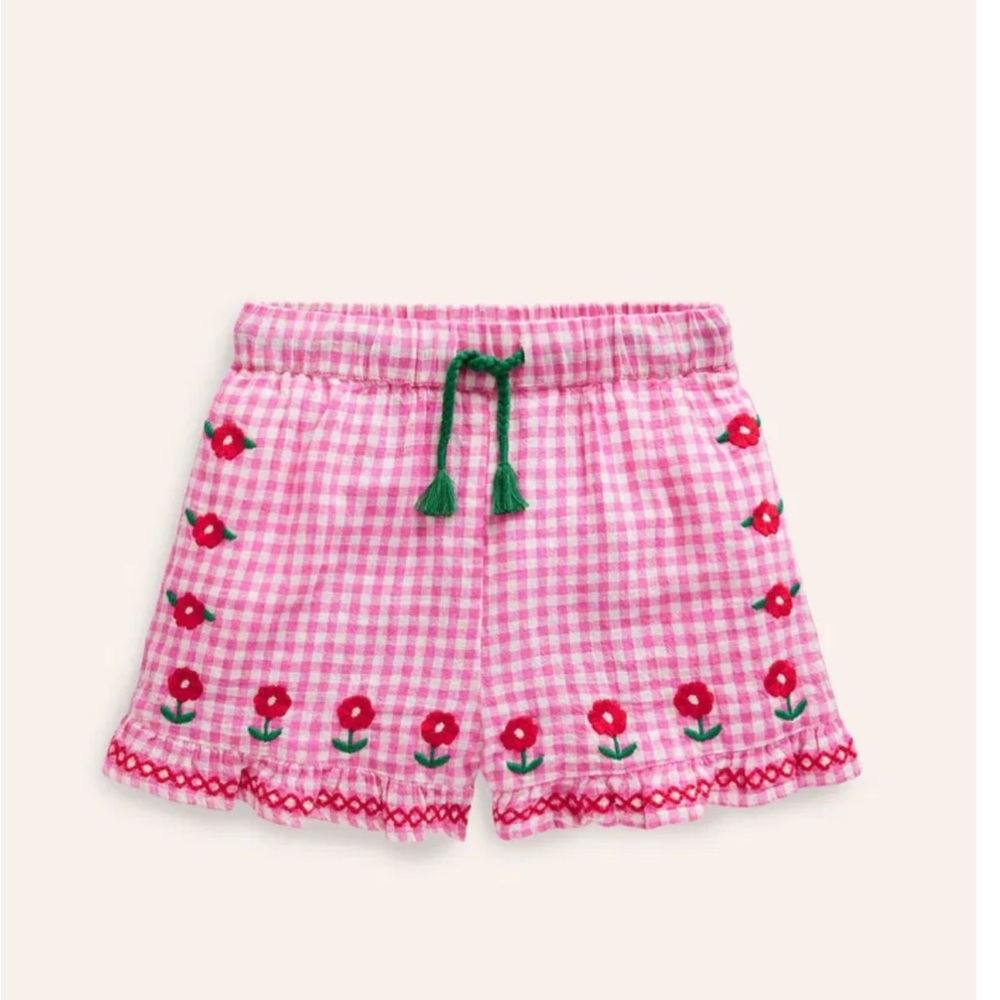 Mini Boden Pink Gingham Floral Embroidered Shorts